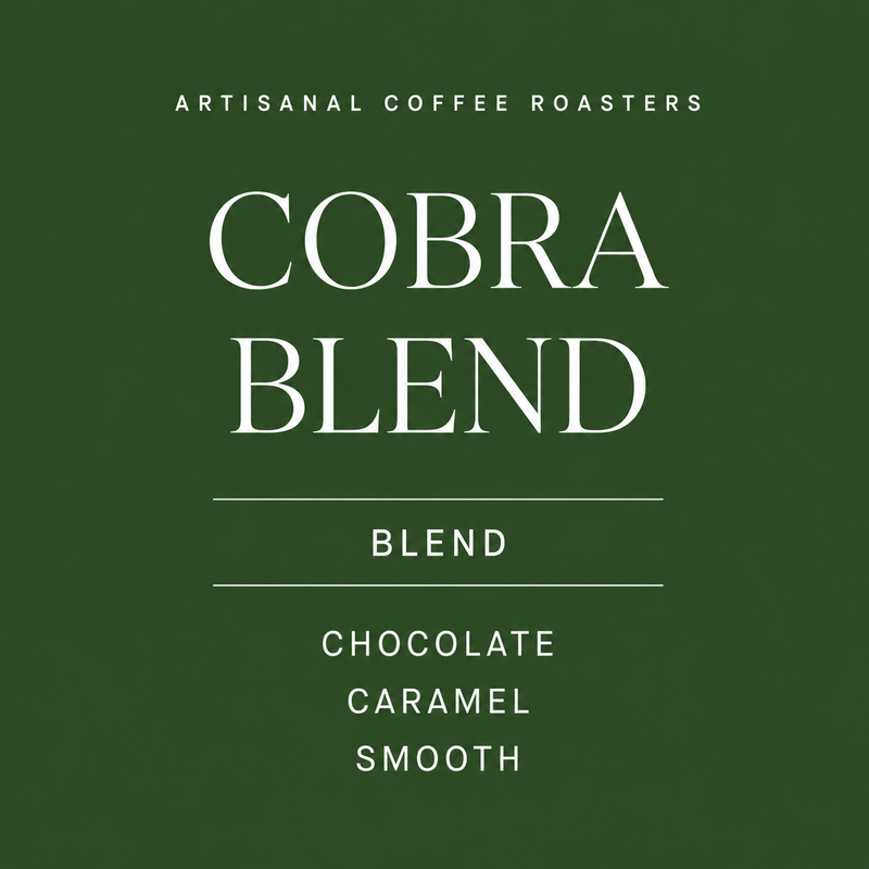 Cobra Blend coffee label with text on a green background