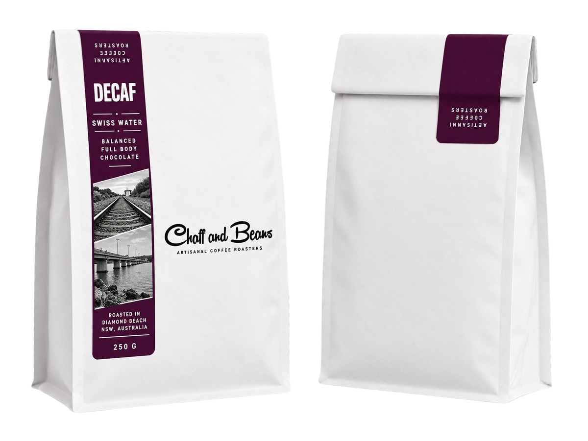 Front and back of a white Chaff and Beans coffee bag with a deep plum label reading Decaf, Swiss Water, balanced, full body, chocolate, 250 g.