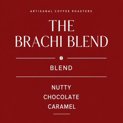 Advertisement for 'The Brachi Blend' coffee on a red background with white text.