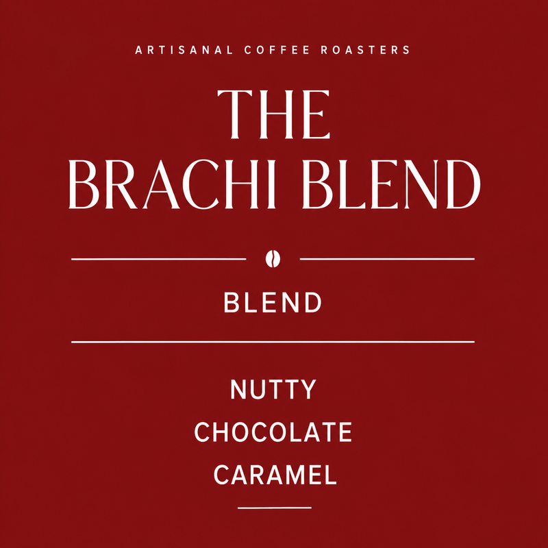 Advertisement for 'The Brachi Blend' coffee on a red background with white text.