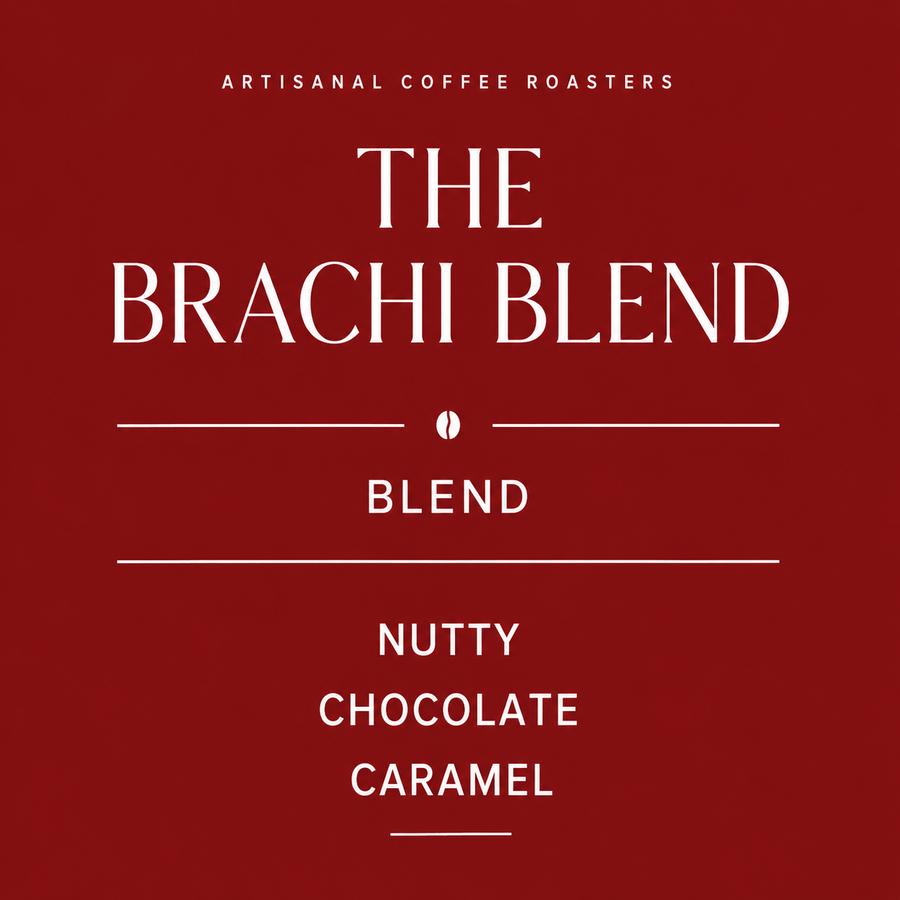 Advertisement for 'The Brachi Blend' coffee on a red background with white text.